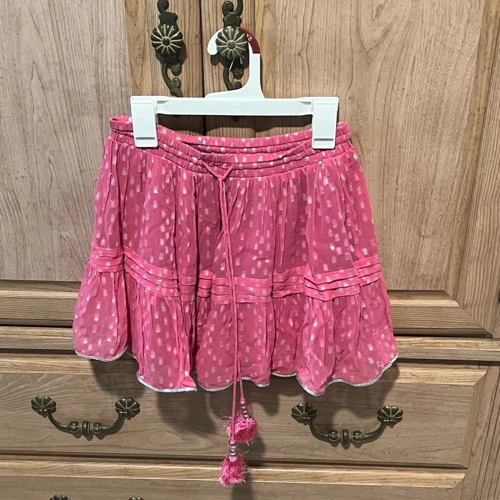 ROCOCO SAND Orlean Short Mini Skirt in Pink. Size XS. Pom Pom tassels.